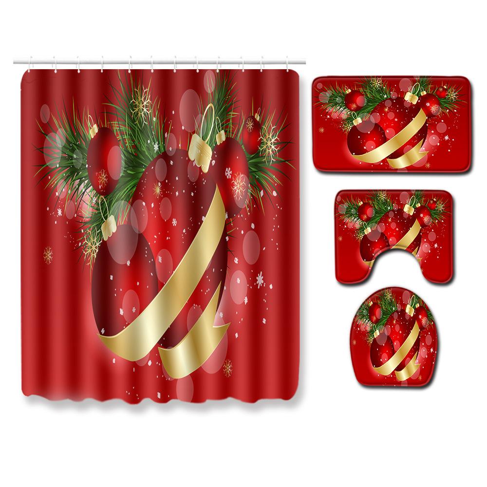 Christmas Home Shower Curtain Polyester Cloth Four-Piece Toilet Floor Mat Bathroom Non-Slip Door Mat Bedroom Carpet