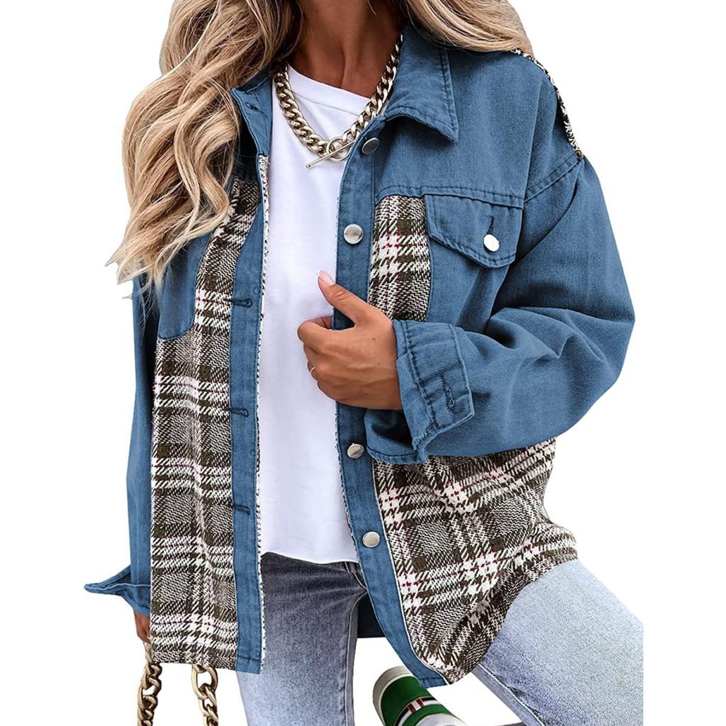 Женская куртка Джинсовая куртка с длинным рукавом в клетку Рубашка на пуговицах Куртка Топ