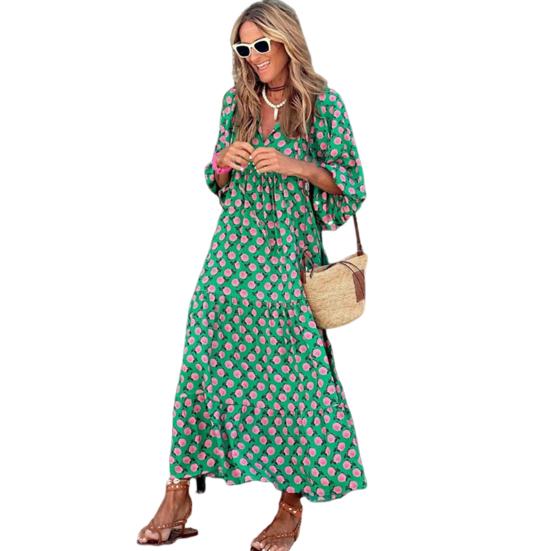 Женское платье с V-образным вырезом и рукавами-пузырьками три четверти с геометрическим принтом, свободное лоскутное платье трапециевидной формы большого размера