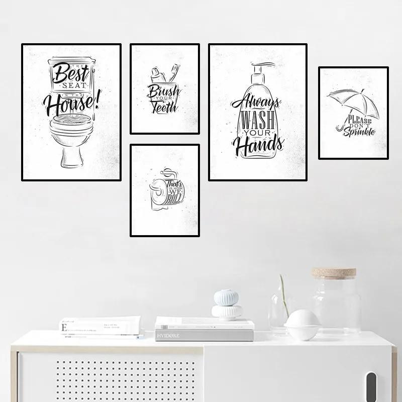 Туалет Цитата Картина Ванная Комната Стены Искусства Холст Картины Плакаты Печать Мода Черно-Белый Туалет Настенный Декор Кисть Декор Картина