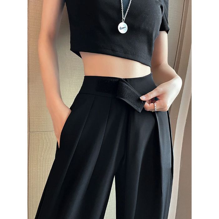 Новые летние черные широкие брюки для женщин с высокой талией, свободные повседневные брюки в пол, повседневные прямые брюки
