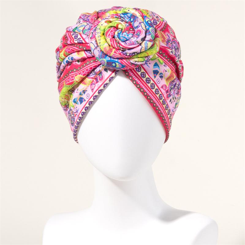 New African Print Pleated Turban Floral Beanie Pre Tied Front Knot Elastic Head Wrap Elegant Women Chemo Cap Bandana Headwear