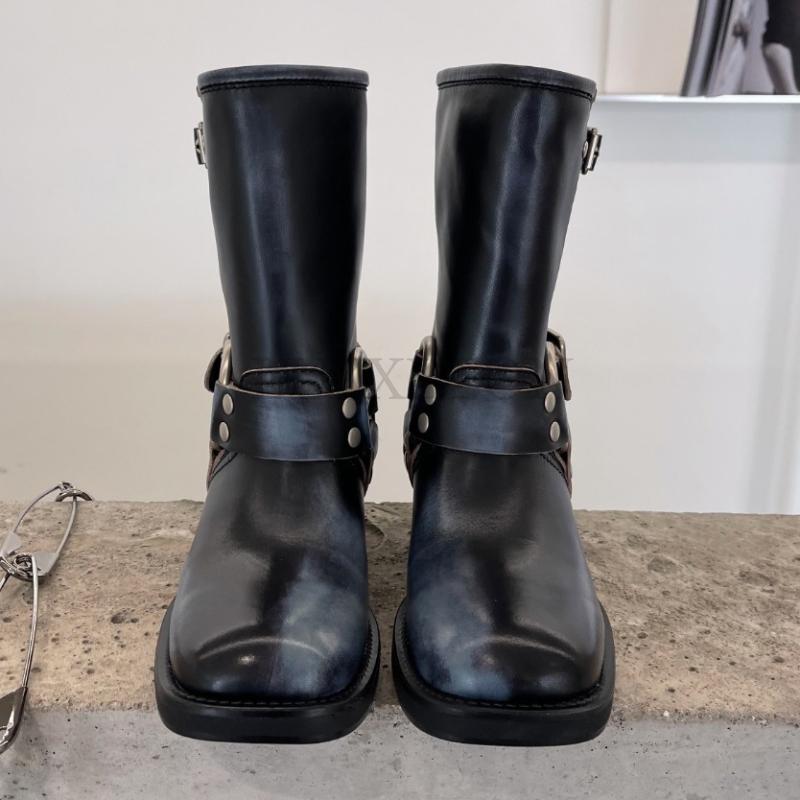 European And American Western Cowboy Boots Spring Metal Buckle Square Head Ankle Boots British Style Thick Heel Knight Boot