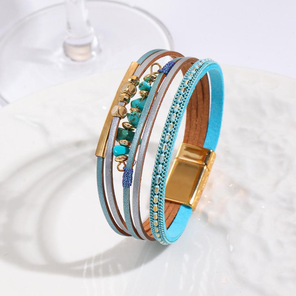 Богемский браслет из чипсов с цветовыми блоками и магнитной застежкой – ПУ кожа, трендовый нишевый дизайн