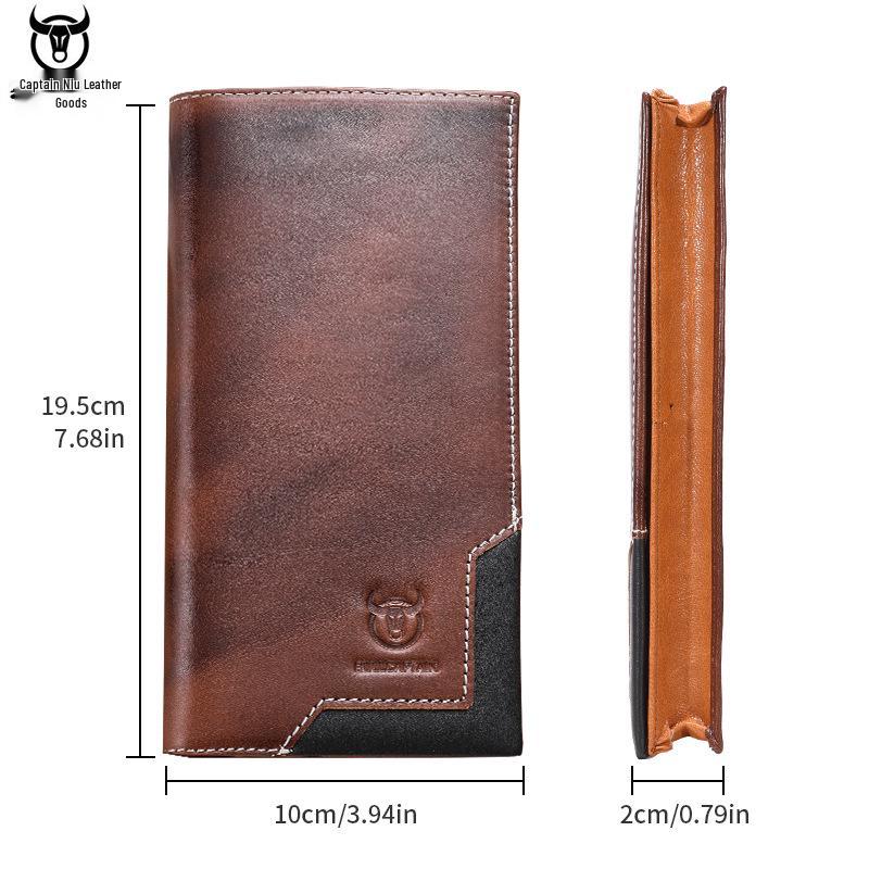 Cow Captain Мужской ретро длинный кошелек-бифолд из натуральной кожи - Масло-воск, Большая вместимость, Отделение для монет