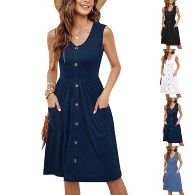 Женское модное повседневное однотонное платье без рукавов с V-образным вырезом и пуговицами, с карманами