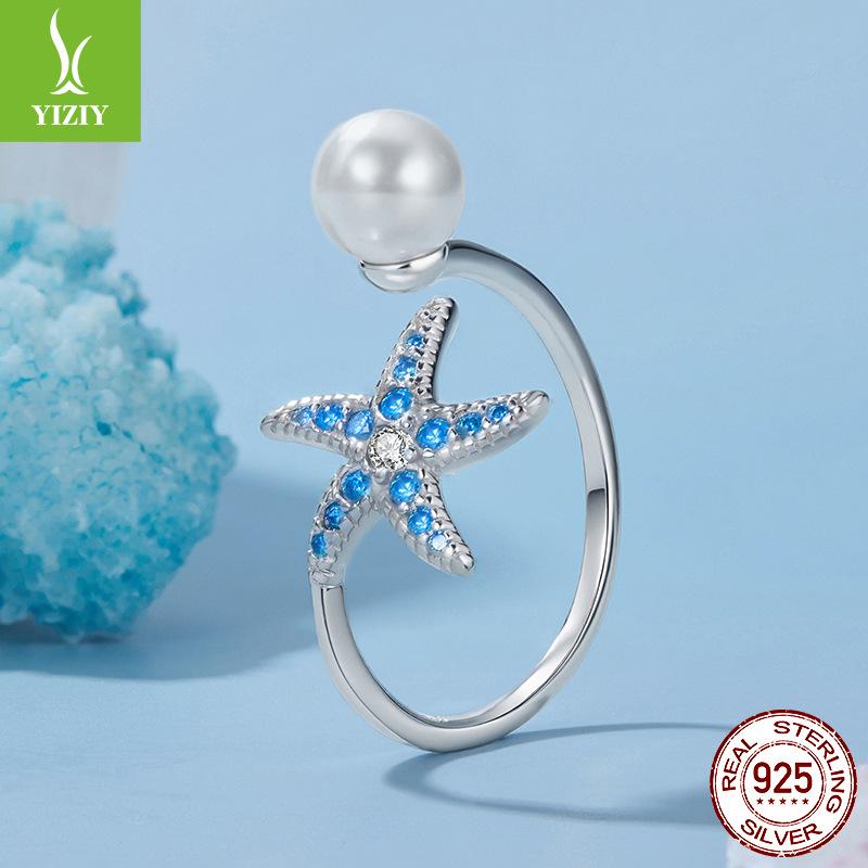 S925 Sterling Silver Starfish Bead Open Ring, Summer Small Fresh Design Ring Jewelry