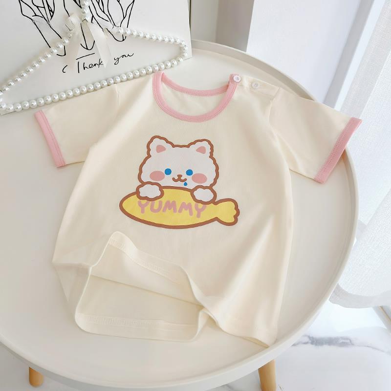 Футболка из чистого хлопка с короткими рукавами для маленьких девочек. Летний тонкий топ с половиной рукавов для маленьких и средних детей 0–5 лет. Летняя одежда.