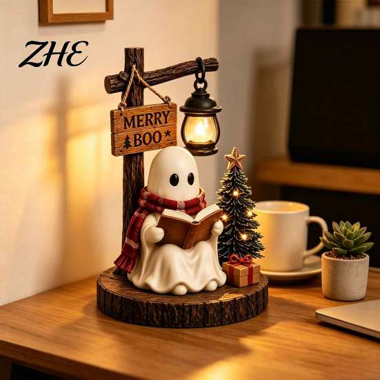 Funny Ghost Statues Halloween Figurine, Vintage Cozy Reading Book/Walking Dog Statue with Lantern, Cute Figurines Light Up Spooky Resin Tabletop