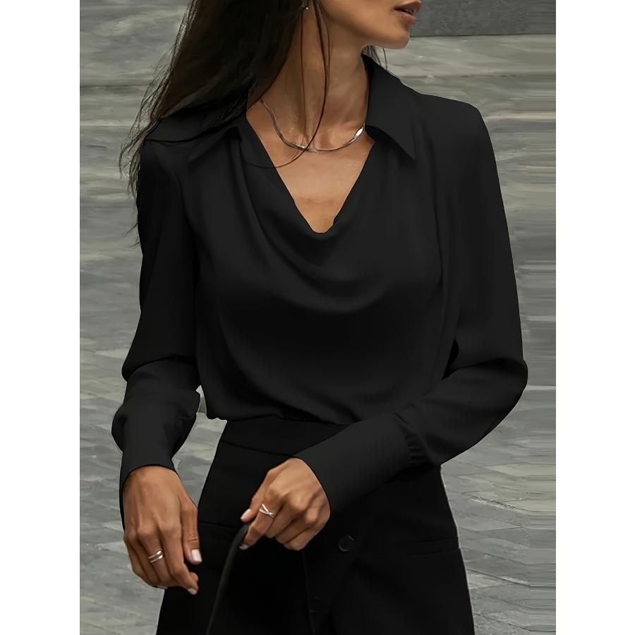 Весна Осень Воротник Начес Элегантные Рубашки Женские Длинные Рукава Однотонные Лацканы Шеи Плиссированные Блузки Топы