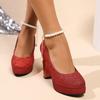Temperament Waterproof Table Thick Heel New Mary Jane Shoes Wedding Shoes Bride Shoes Square Head Pearl Sequined High Heels