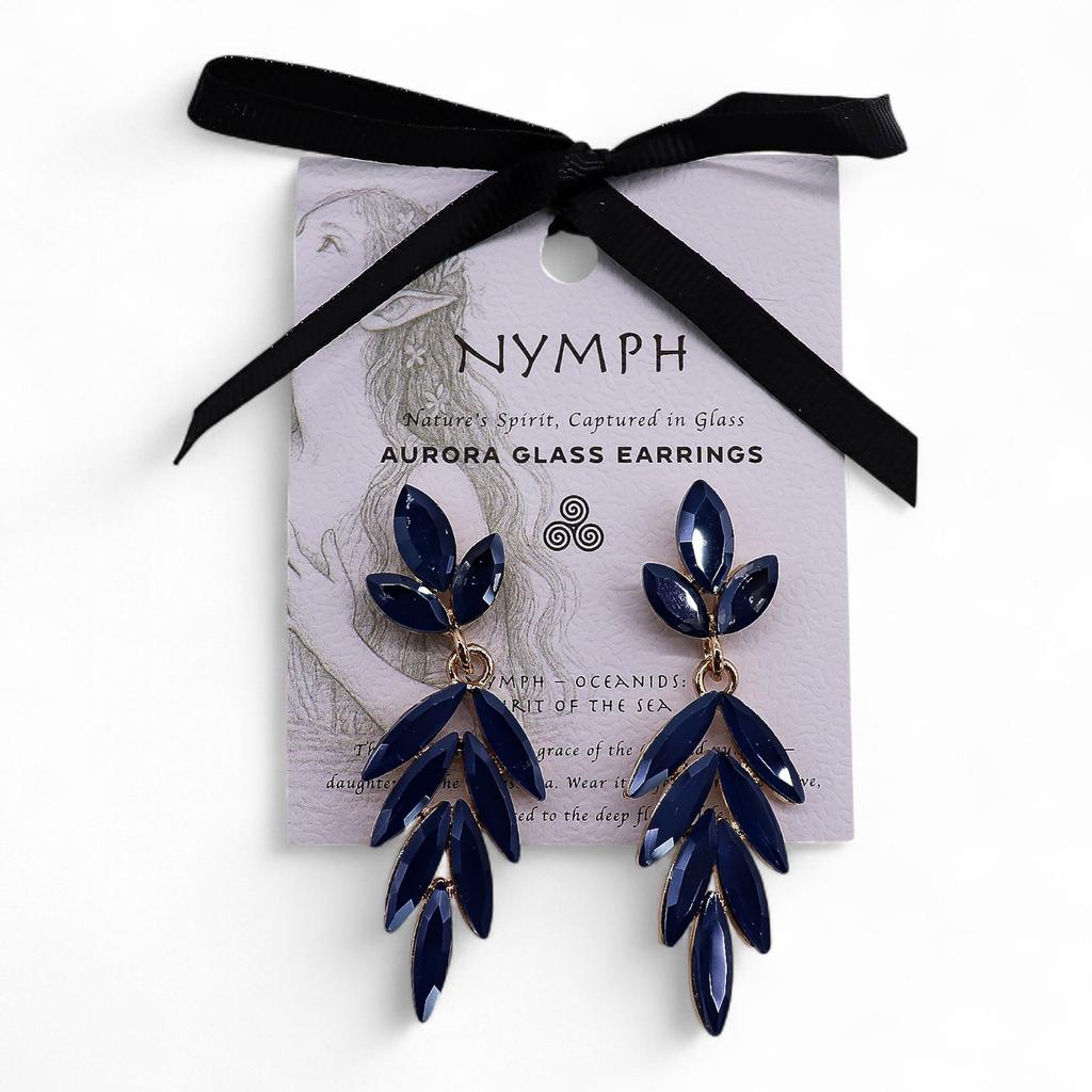 Cobalt Blue Glass Leaf Long Drop Earrings