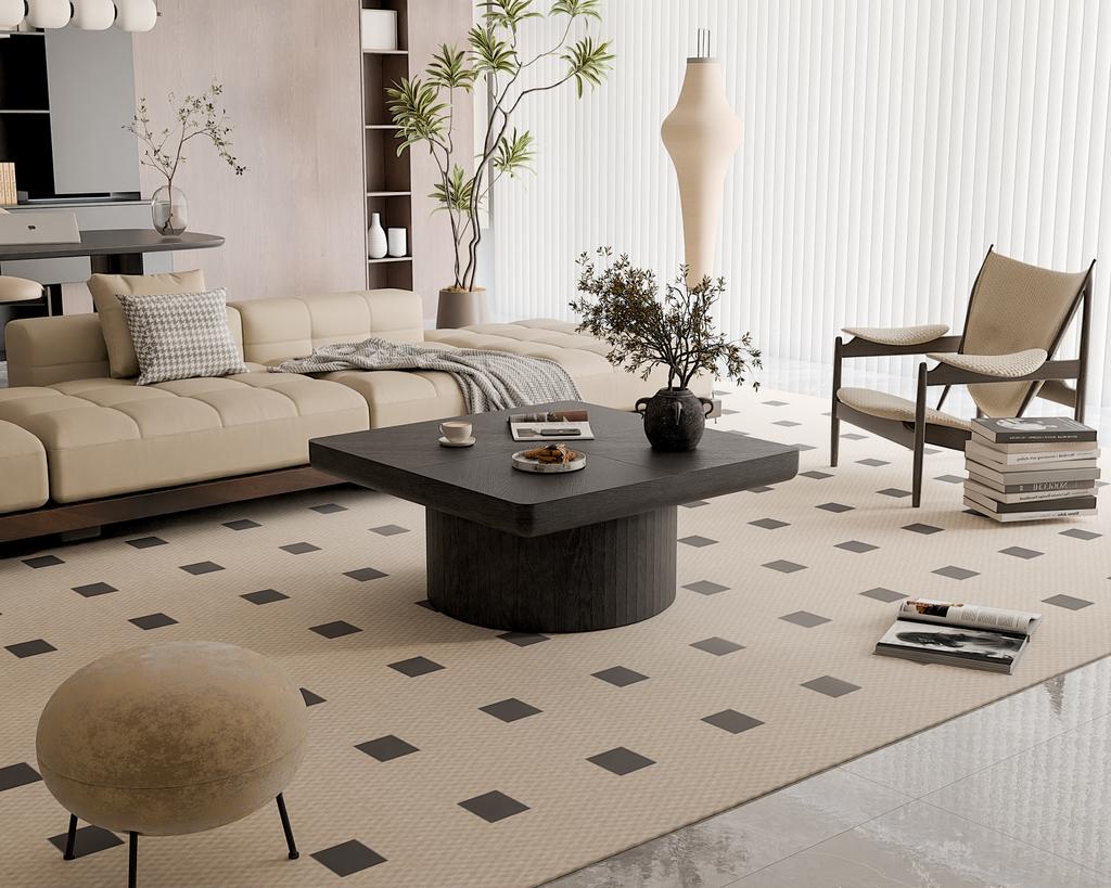 78cm Square Coffee Table for Living Room, Modern Wood Veneer Top with Parquet Pattern & Cylindrical Base, Thickened Tabletop, Easy Assembly, Black