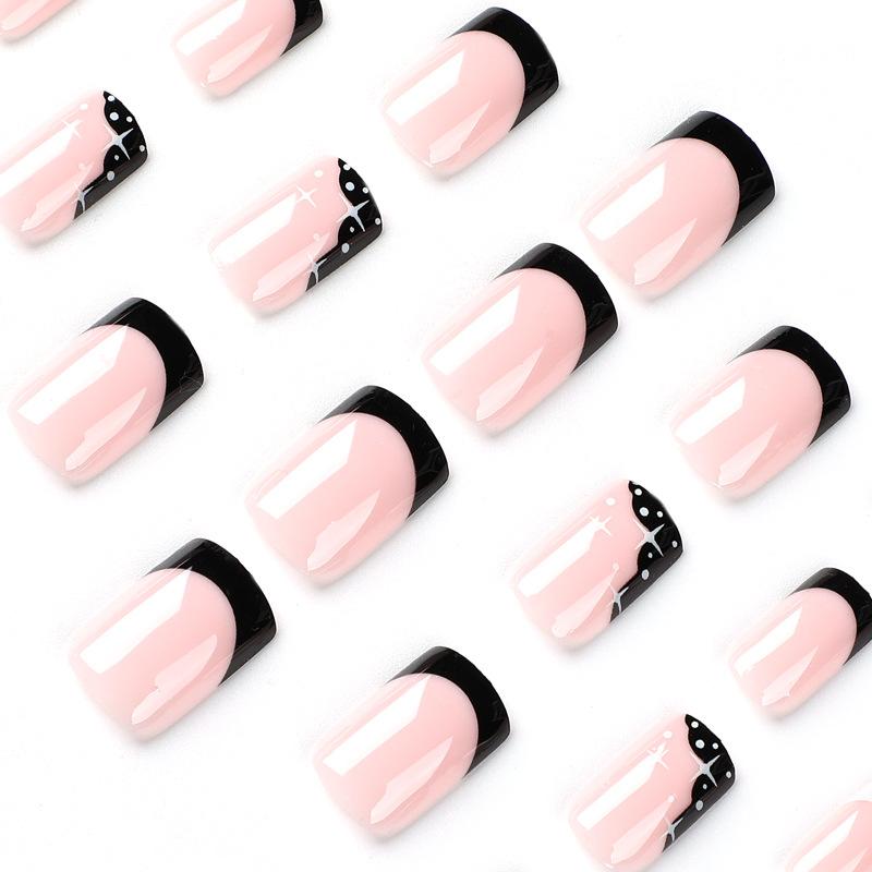 24Pcs/Set Quick Nails Black And White French Star False Nials Sticker Wearable Waterproof Manicure Finished Nails