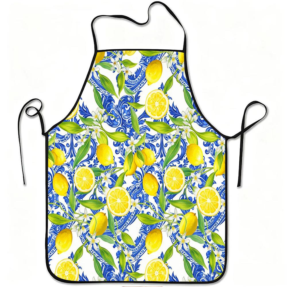 1pc Lemon Floral Blue Pattern Print Apron, Durable and Easy to Clean, Adjustable Waistband, Polyester Material, for Kitchen Cooking, Gardening, Orchar