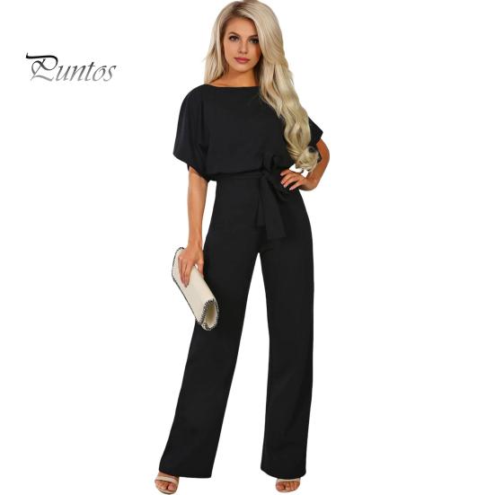 Женский комбинезон с поясом на шнуровке, широкие штанины, короткие рукава, однотонный цвет, О-образный вырез, высокая талия, повседневный деловой длинный комбинезон