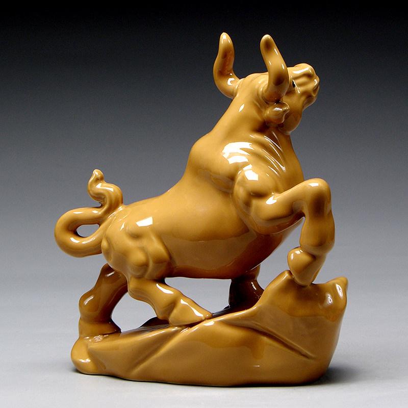 Earthy Yellow Ceramic Zodiac Ox Figurine: Soaring Spirit Auspicious Mascot for Home Relaxation