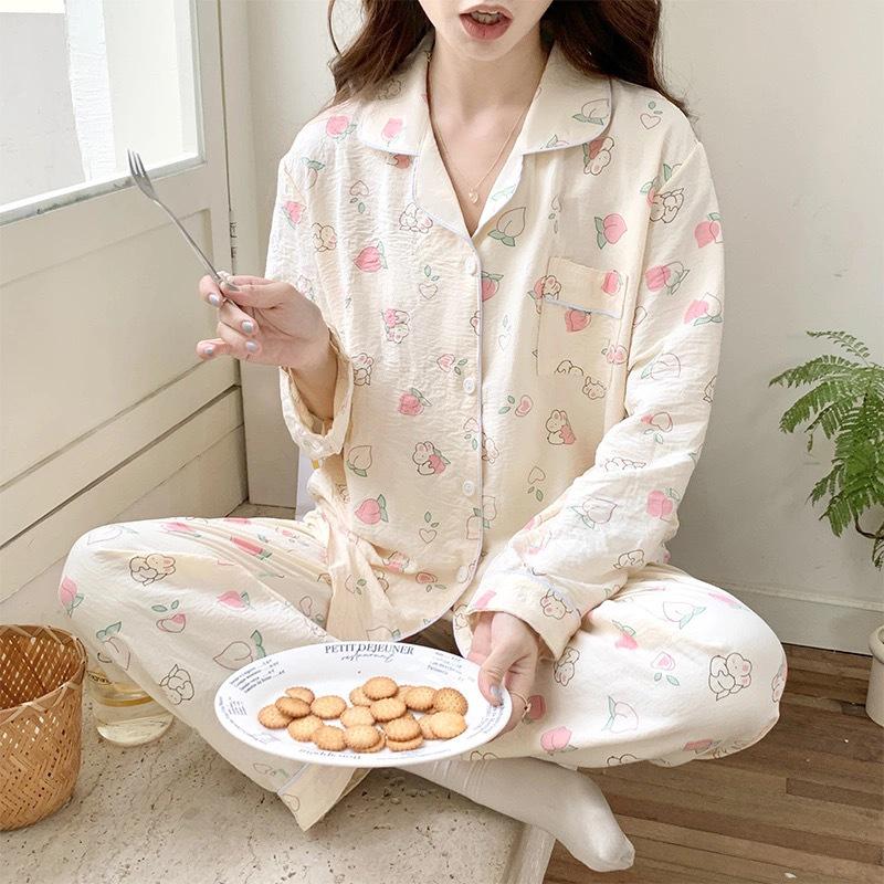 Пижамный комплект из хлопка «Облако» для женщин: Кардиган свободного кроя с длинным рукавом и милыми лацканами в студенческом стиле на весну и осень