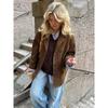 Women Chic Brown Casual Suede Jackets Lapel Long Sleeve Single Breasted Pockets Coats Autumn Solid Office Lady Commuting Tops