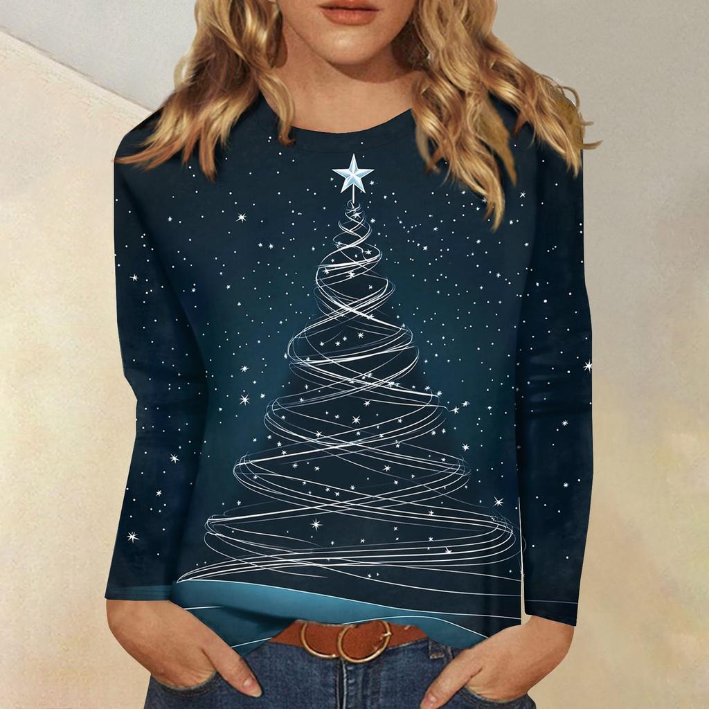 Женская модная повседневная футболка с круглым вырезом и длинным рукавом с принтом, топ