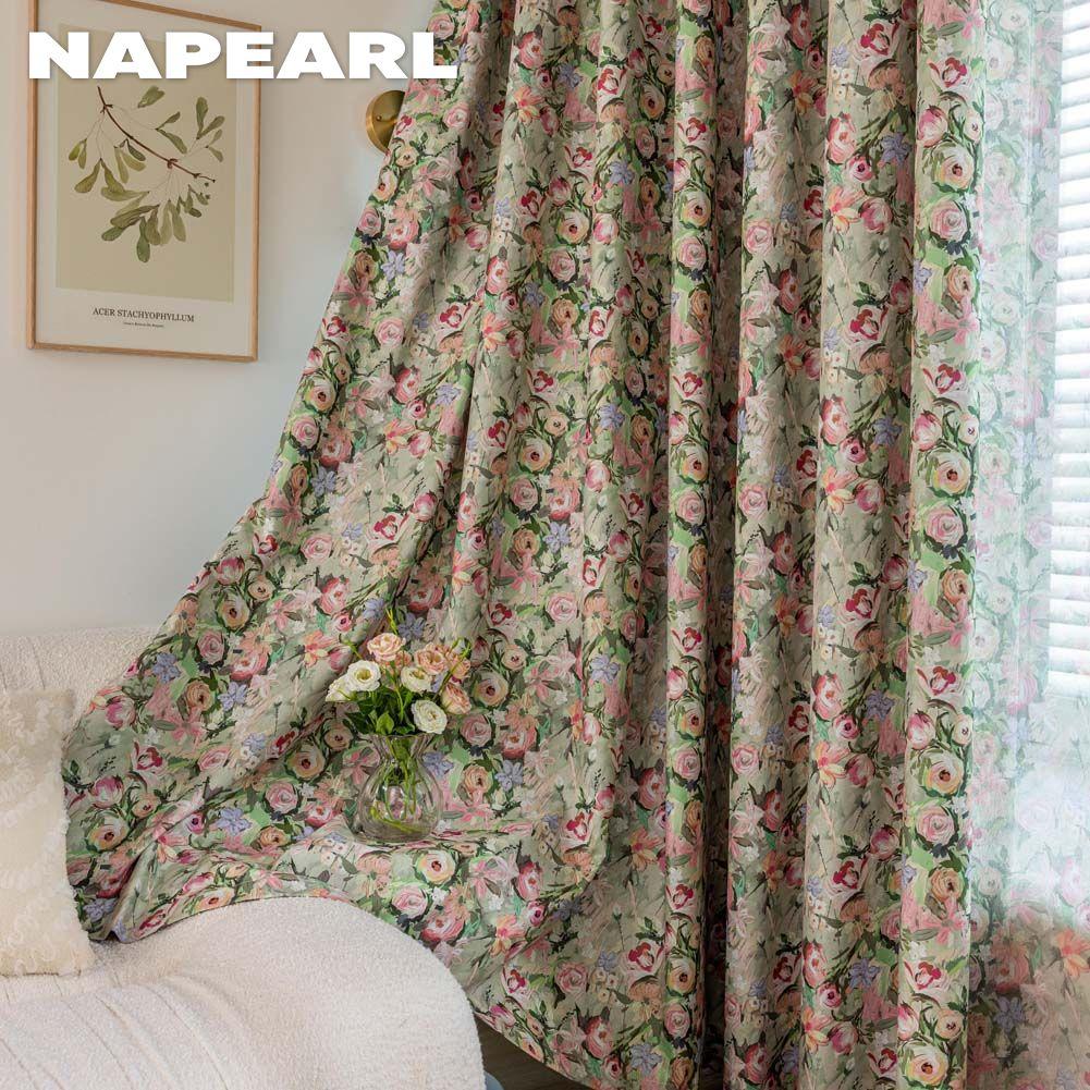 1PC NAPEARL European Pastoral Style Oil Painting Rose Print Curtain Full Blackout Curtains for Bedroom Living Room Balcony Window for Home Decor