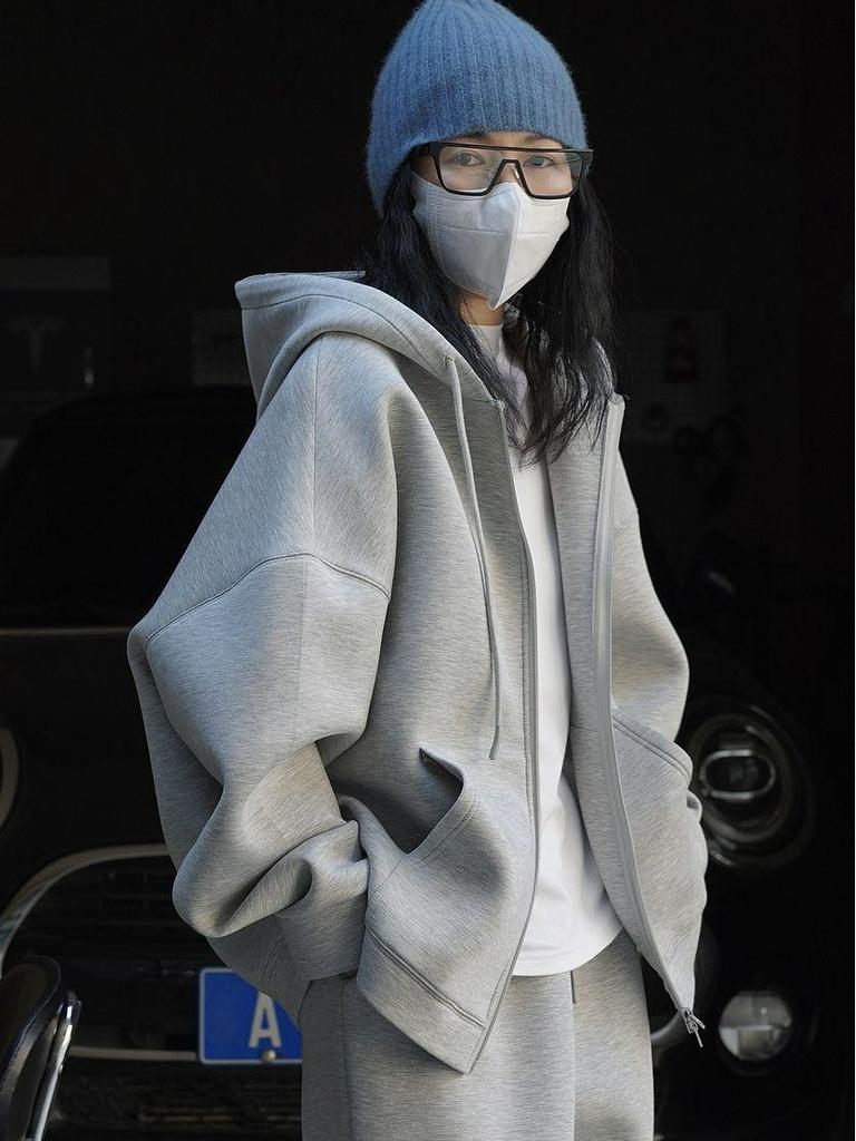 Louvre Ранняя осень Корейский стиль с капюшоном Air Layer кардиган свитер - Свободная повседневная куртка на молнии для женщин