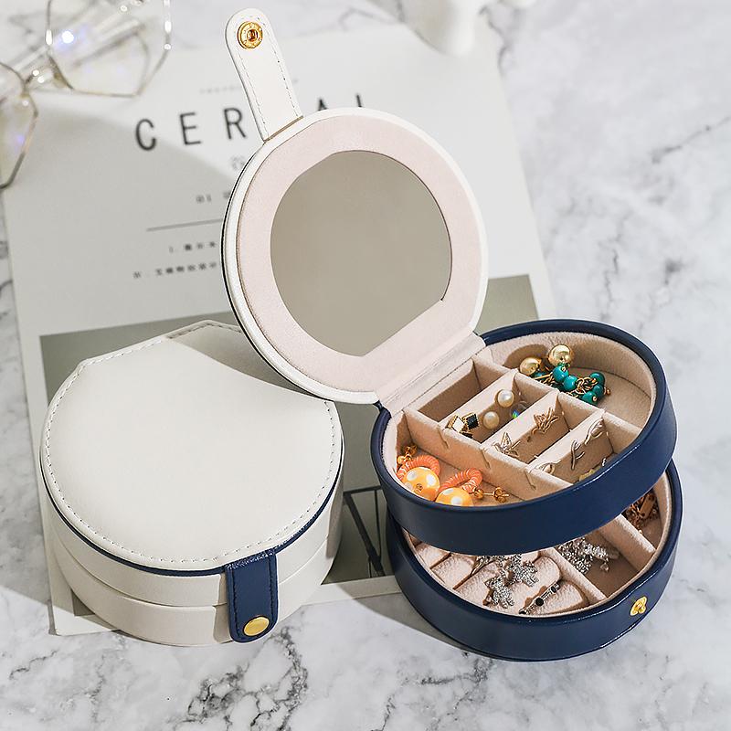 Travel Organizer Case White Round Jewelry Storage Box Ear Studs Necklace Ring Box Waterproof Double Layer Flannel With Mirror