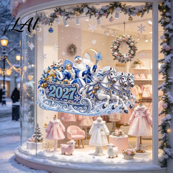 Removable Decorative Decals Static Glass Window Sticker Reusable Electrostatic PVC Decal with Old Man Girl Winter Wonderland Decorations Lamb