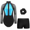 Girls Color Block Patchwork Sheer Mesh Long Sleeve Rhinestones Leotard V Front Waistband Shorts Headwear