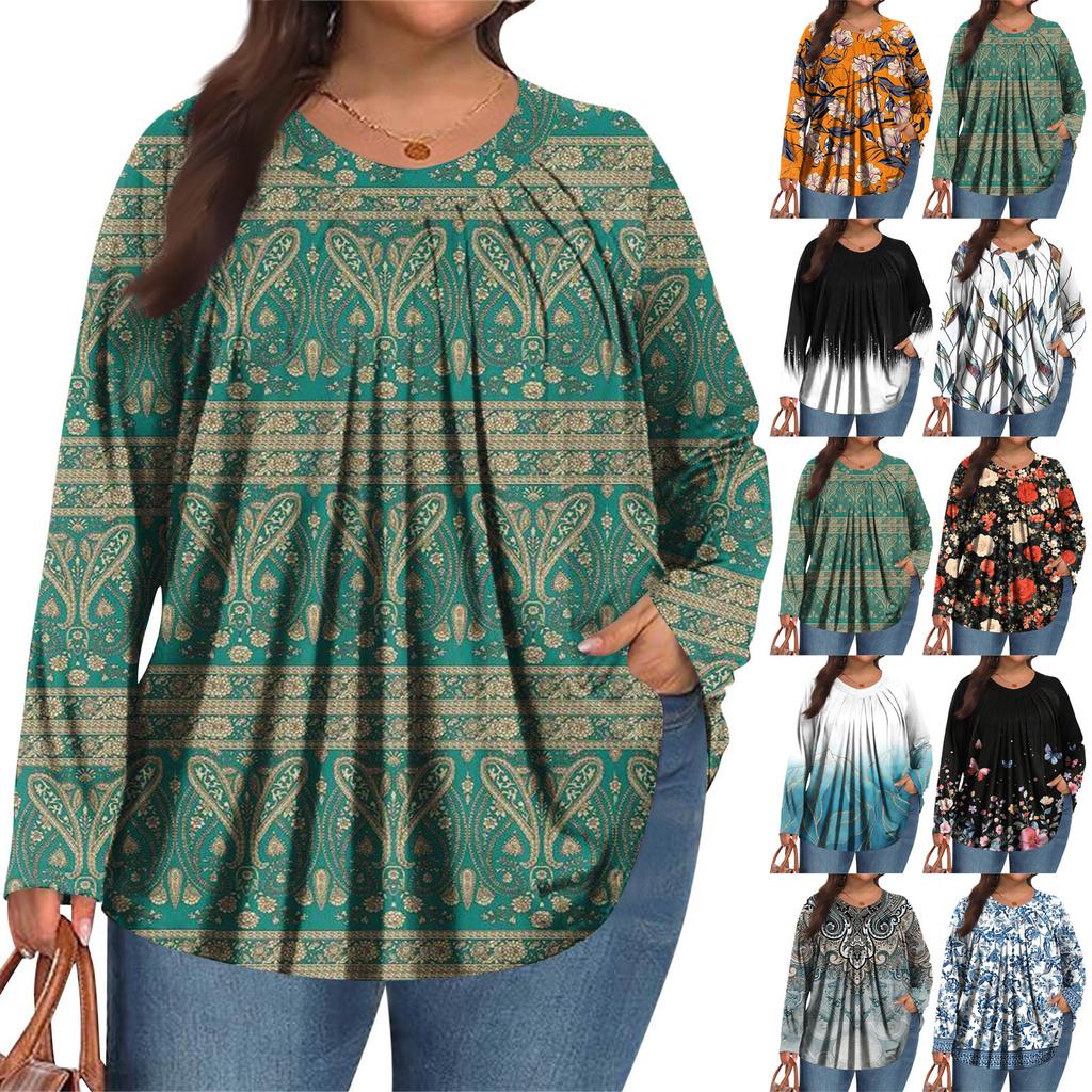 Женский модный топ большого размера с принтом, повседневный плиссированный, с круглым вырезом и длинными рукавами