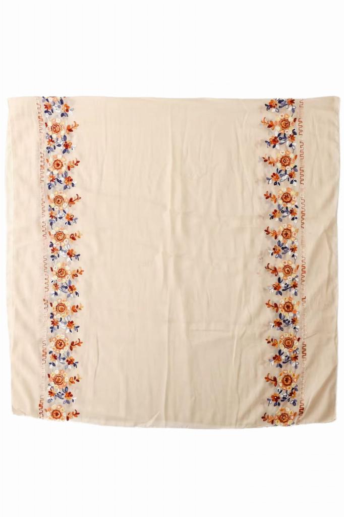 Beige Shawl with Floral Embroidery - 180X90 , Romantic and Elegant Accessory