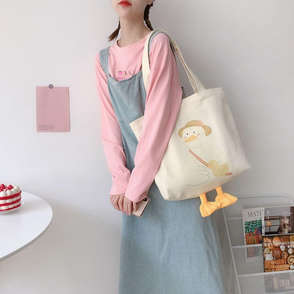 Eco Cute Duck Tote Bag Canvas Duck Embroidery Crossbody Bag Fashion Large-Capacity Shopping Bag