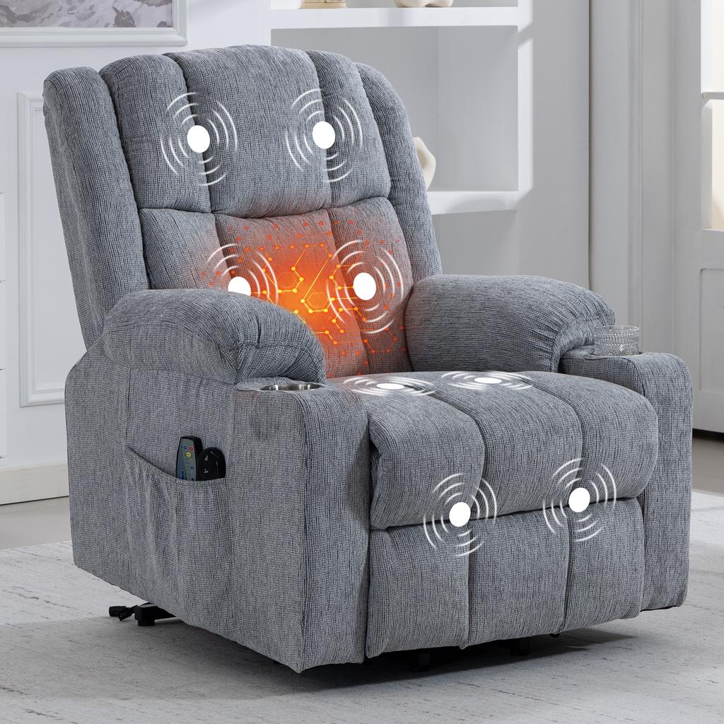 8205, Electrically adjustable armchair, stand-up assist, massage function and heat application, footrest, two side pockets and cup holder, light grey