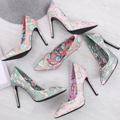 Женские милые туфли на высоком каблуке 11 см, модные туфли с цветочным принтом и острым носком, туфли-лодочки на шпильках, женские туфли в стиле граффити зеленого цвета для свадебной вечеринки