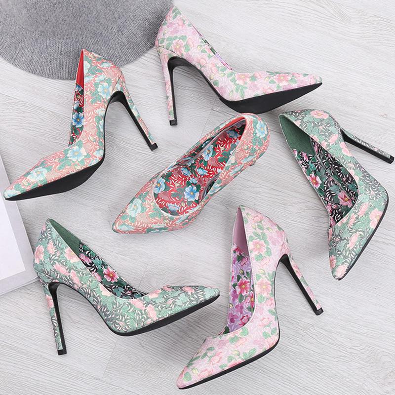 Женские милые туфли на высоком каблуке 11 см, модные туфли с цветочным принтом и острым носком, туфли-лодочки на шпильках, женские туфли в стиле граффити зеленого цвета для свадебной вечеринки