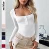 European and American Women's Autumn and Winter New Button Square Neck Fashionable Top Sexy Spicy Girl T-shirt Thread Solid Color Long Sleeved Shirt