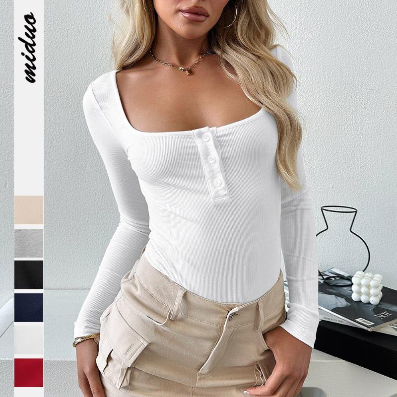European and American Women's Autumn and Winter New Button Square Neck Fashionable Top Sexy Spicy Girl T-shirt Thread Solid Color Long Sleeved Shirt