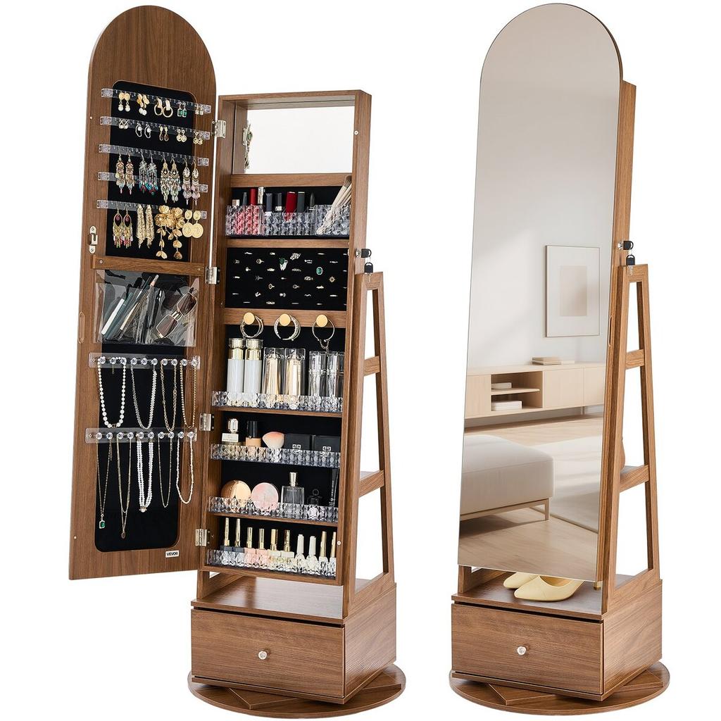 360° Swivel Jewelry Cabinet, 1655 mm Tall, Full-Length Mirror with Storage, Standing Rotatable Jewelry Armoire Organizer, Lockable with 2 Keys,