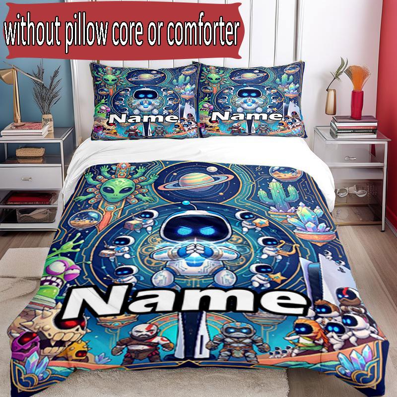 3pcs Duvet Cover Set (1*Duvet Cover + 2*Pillowcase, Without Core), Custom Name Cosmic Bot Crew Pattern Bedding Set, Home Bedroom Decor Gift