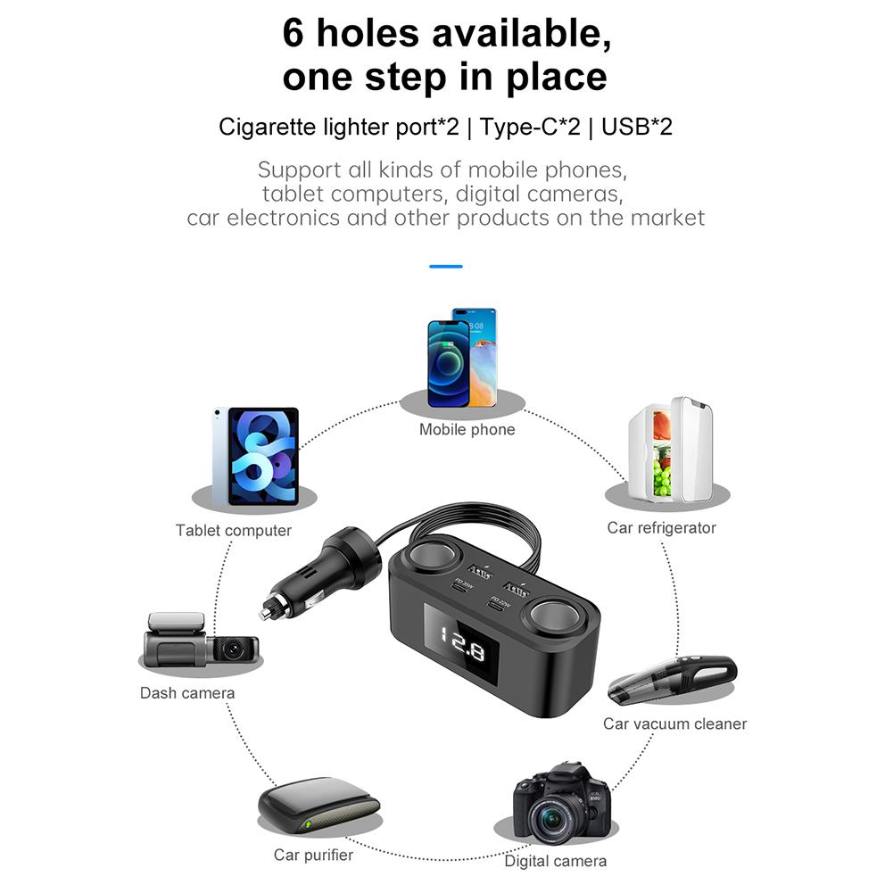 100W PD QUICK CHARGE QC3.0 Cigarette Lighter Adapter 12V/24V 2 Socket Power Splitter DC Outlet with 12A 4 USB Ports Car Charger