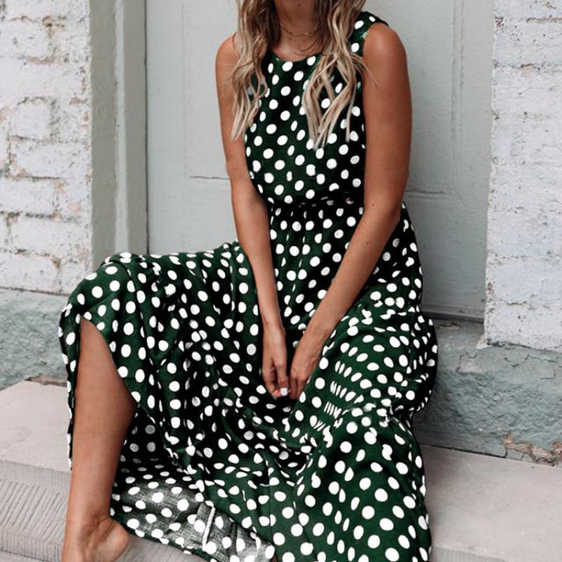 Women's Fashion Summer Spring Solid Color Print Sleeveless O-Neck High Waist Casual Dresses