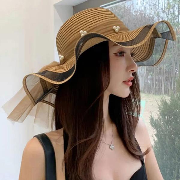 WTEMPO Соломенные шляпы с жемчугом, женские летние пляжные пляжные солнцезащитные козырьки для отдыха, солнцезащитный крем, сандалии с большими полями, однотонные солнцезащитные шляпы