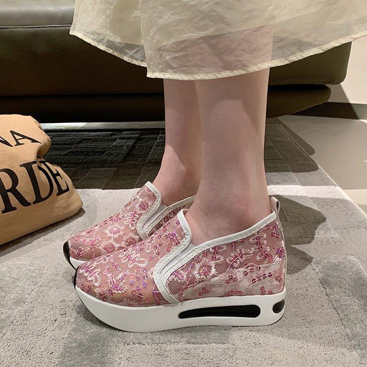 Внутренняя часть обуви с высокой посадкой, женские туфли весна-лето 2024 года, кружевные, с пайетками, сетчатые, повседневные, на платформе, женские туфли