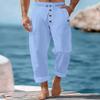 Men Solid White Linen Cropped Pants Elastic Drawstring Waist Buttons Cuffed Hem Beach Casual Trousers