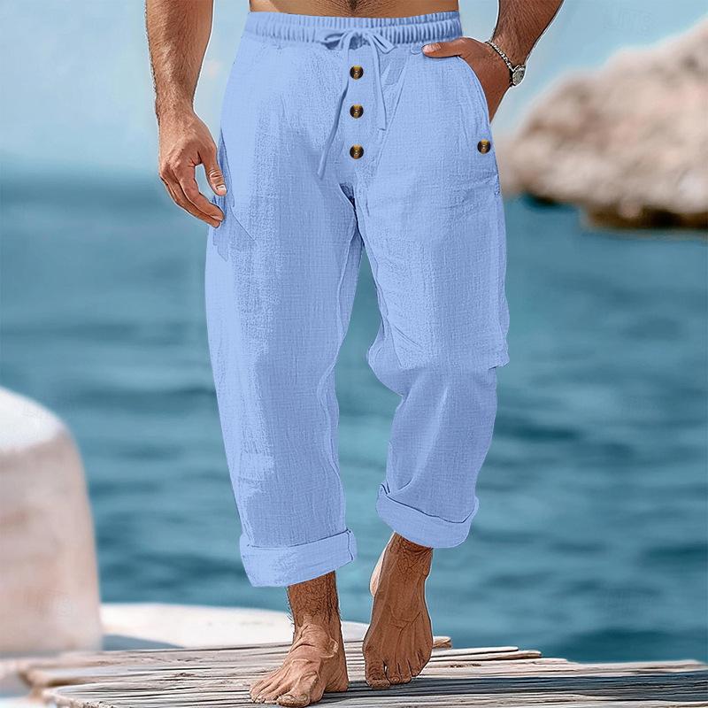 Men Solid White Linen Cropped Pants Elastic Drawstring Waist Buttons Cuffed Hem Beach Casual Trousers