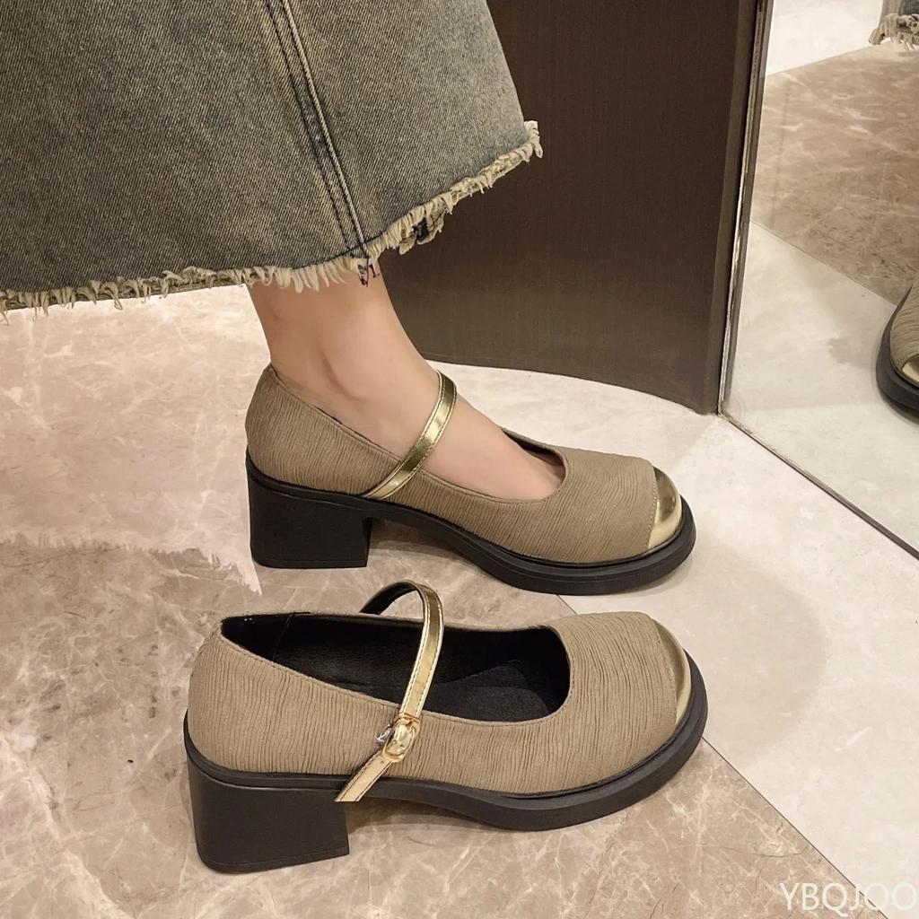 Summer Retro Low Heel Mary Janes Women Shoes Fashion Buckle Thick Heels Pumps Woman Round Toe Party Dress Shoes2024
