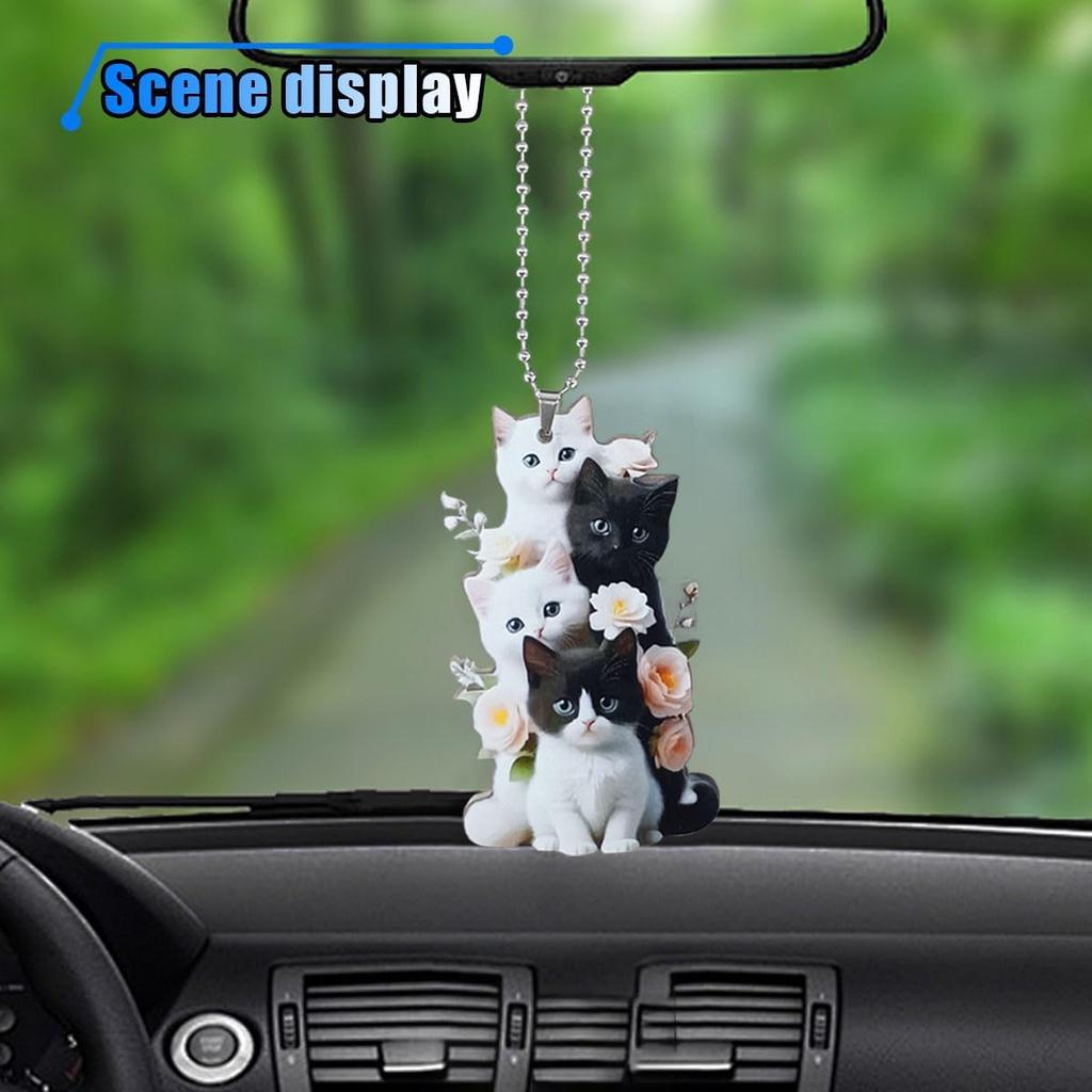 Cute Cat Car Mirror Hanging Accessories - 2D Flat Acrylic Kitten Christma Tree Ornament Decoration Car Rear View Mirror Charm - Car Interior Rearview