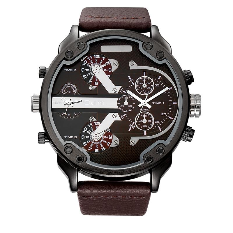 Мужские часы с большим циферблатом, двумя часовыми поясами, кварцевый механизм