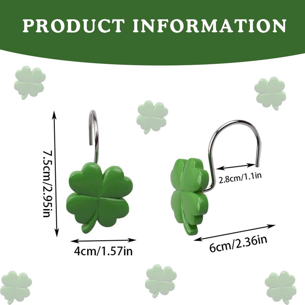 12 PCS Shamrock Shower Curtain Hooks Shower Decor, Rustproof Bathroom Decorative Shower Hooks, Green Shower Curtain Hooks Botanical Shower Curtain