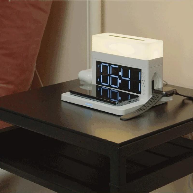 Док-станция для быстрого беспроводного зарядного устройства 6 в 1, 15 Вт для iPhone 14 13 AirPods IWatch Samsung с будильником, красочные светодиодные настольные лампы